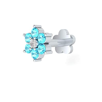 Dtjewels Blue Topaz And Genuine Diamond Flower Nose Stud Real Sterling Silver Nose Ring Bone 16 Gauge 8Mm Length - I1-I2 Clarity J-K Color 0.02 Ct Body Jewellery #TOP2