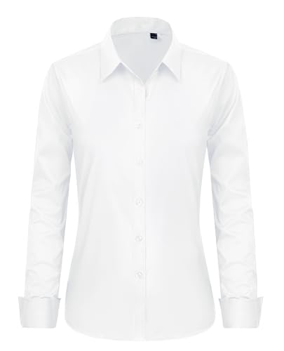 J.VER Bluse Damen Langarm Blusenshirt Einfarbig Tops Kragen Baumwolle Oberteile Knitterfreies Hemdbluse Mode Für Damenblusen Alle Weiß