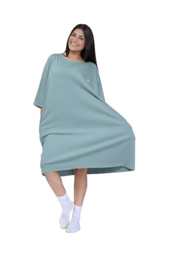Image of LAMA STORE Women's Printed Oversized T-Shirt Dress, Cotton, 3 /4 Sleeve Length, Casual Loose Fit, Comfort Wear Extra Comfy Oversized Printed Pocket T-Shirt Dress