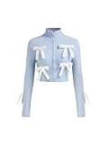 CIDER Women’s Bow Knot Cardigan Knit Zip Up Jackets Color Block Mock Turtleneck Long Sleeve Crop Tops Winter Outfit: Baby Blue, S