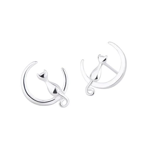 Creative 925 Silver Cat on the Moon Earrings Ed097