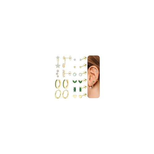 THUNARAZ 14K Gold Flat Back Earrings Hypoallergenic Stud Earrings for Women Surgical Steel Earring Studs Screw Back Cartilage Earrings Sets for Multiple Piercing Hoop Earrings for Sensitive Ears 20G