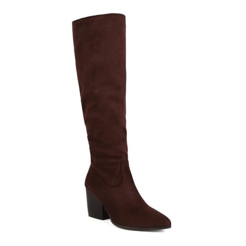 bbruriy Botas Altas hasta la Rodilla de Ante para Mujer, Botas largas elásticas con Cremallera Lateral, Puntera Puntiaguda, tacón de Bloque Grueso, Zapatos de Vestir para otoño e Invierno,Marrón,36