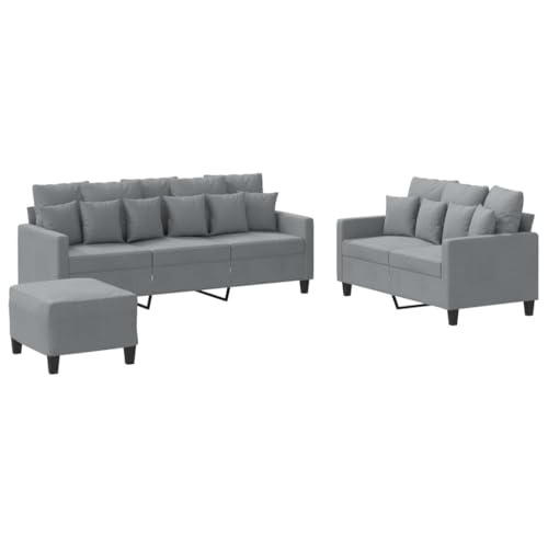 vidaXL Sofagarnitur 3-TLG., Sessel Couch mit Kissen Fußhocker, Sofa Wohnzimmersofa mit Armlehnen, Couchgarnitur Designsofa Sitzmöbel Polstermöbel, Hellgrau Stoff