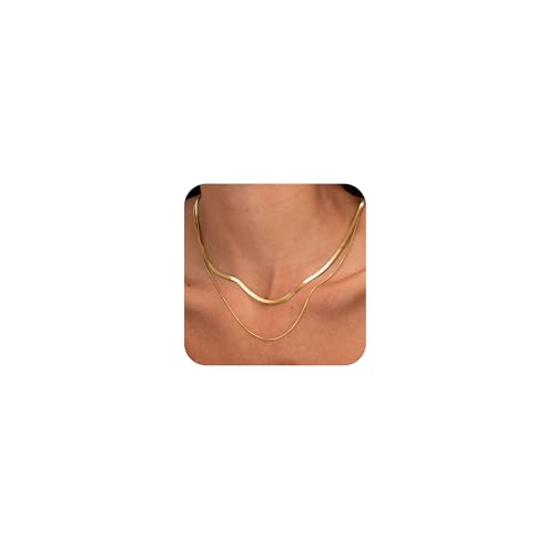 Herringbone Gold Necklace for Women, Non Tarnish 14k Gold Plated Layered Necklaces Simple Dainty Gold Chain Thin Trendy Choker Snake Necklace Gold Jewelry for Women Gift14 /16/ 18inch