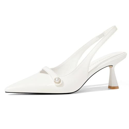 Women Kitten Heels Slingback Low Heel Pumps Dress Shoes for Women Closed Pointed Toe Pearl Heels for Work Wedding Bridal