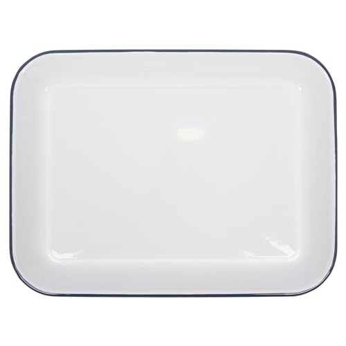 Argon Tableware Enamel Baking Tray - 34 x 26cm - Blue Rim - Lightweight Metal Rectangular Enamel Oven Tray Kitchen Bakeware Flat Cooking Pan for Roasting, Baking