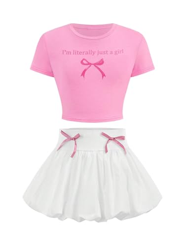 Image of Verdusa Girl's 2 Piece Bow Outfits Short Sleeve Fitted Crop Tops with Mini Bubble Skirt Set