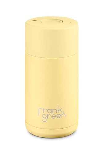 frank green Insulated Travel Mug for Cold Or Hot Drinks - 355ml/12oz Reusable Coffee Cup with Push-Button Lid, Ceramic Lined, Triple Wall Vacuum - Buttermilk Yellow