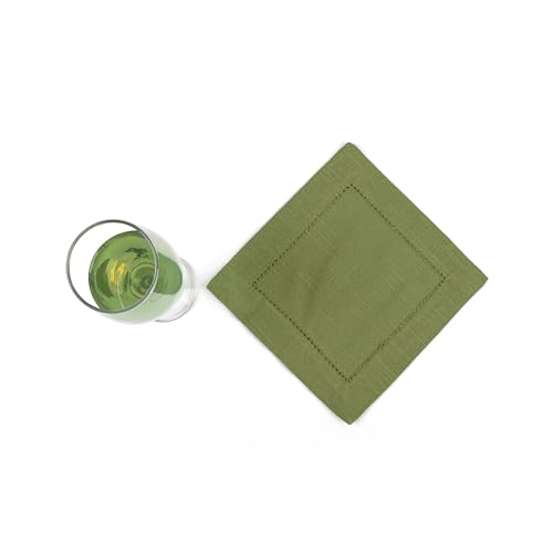 Image of Fingercraft Cotton Cocktail Napkins 6x6 Inches - Set of 12 Reusable Cloth Beverage Coasters with Elegant Ladder Hemstitch - Perfect for Parties, Bars & Home Use (Olive Slub)