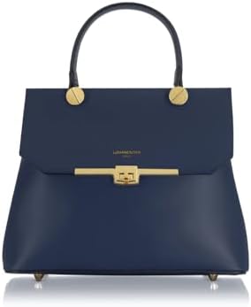 LeParmentier Atlanta Top Handle Satchel Bag, Navy Blue, Genuine Leather, 10.6 x 8.7 x 4.7 inches, Gold Hardware