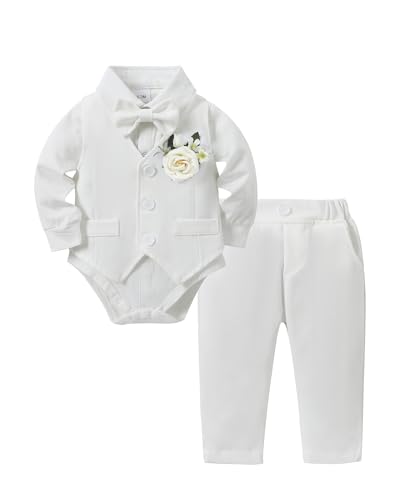 ZOEREA Baby Christening Outfit Boy Winter Wedding Dress Shirt Gentleman Baby Suit + Spring Fall Pants with Pockets + Formal Vest + Boutonniere + Bowtie White 3-6M