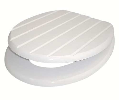 18'' MDF Universal Oval Toilet Seat, Stainless Steel Hinges | Adjustable Seat, Anti-Slip, Easy to Clean | Ideal for Bathroom and En-Suite Use (White Stripes)