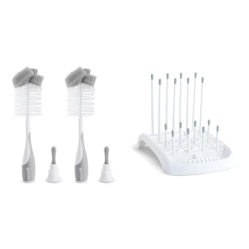 Image of Munchkin® Sponge™ Bottle Brush, Grey, 2 Count (Pack of 1) & Fold™ Baby Bottle Countertop Drying Rack, White
