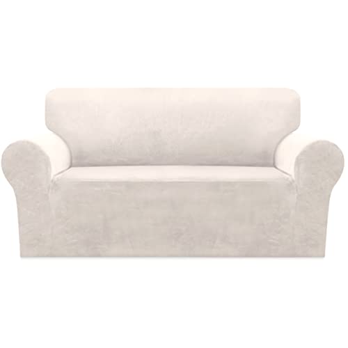 Velvet Stretch Sofa Covers Loveseat Couch Covers For 2 Cushion Couch Loveseat Covers For Living Room, Loveseat Slipcovers Pets Friendly, Thick Soft Washable, Secure With Strap (58"-72, Ivory) #TOP20
