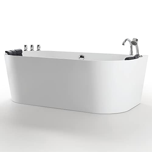 Empava 59-Inch Freestanding Whirlpool Bathtub Oval With 8 Hydromassage Adjustable Water Jets Luxury Acrylic Massage Spa Soaking Bath Tub Double Ended , White #TOP1