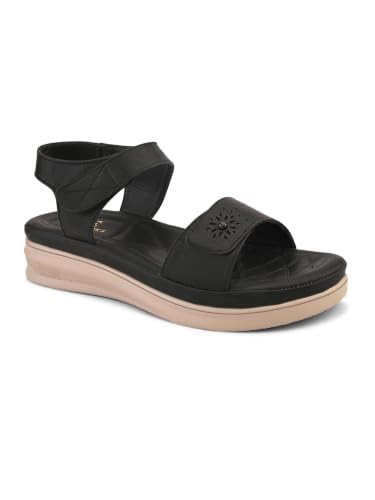 Image of XE Looks Women's Open-Toe Comfort Sandals with Floral Cutwork Detail | Soft Cushioned Footbed, Secure Back Strap & Lightweight Low Wedge Sole | Casual Walking Sandals for Women & Girls