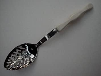CUTCO Model 1713 Slotted Spoon with White "Pearl" handle in factory fresh plastic bag.