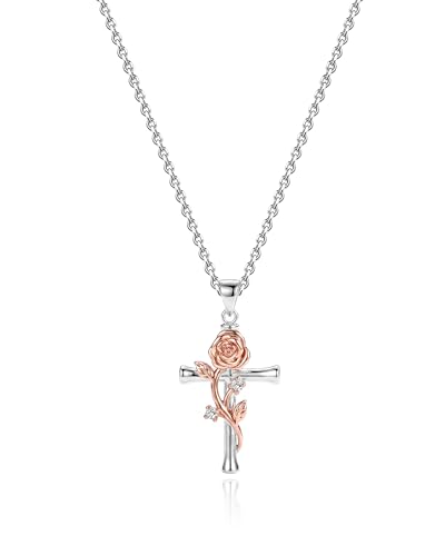 Image of Irideket Silver Cross Rose Flower Cubic Zirconia Pendant Necklace Statement Adjustable CZ Prom Jewellery Gift for Women Trendy