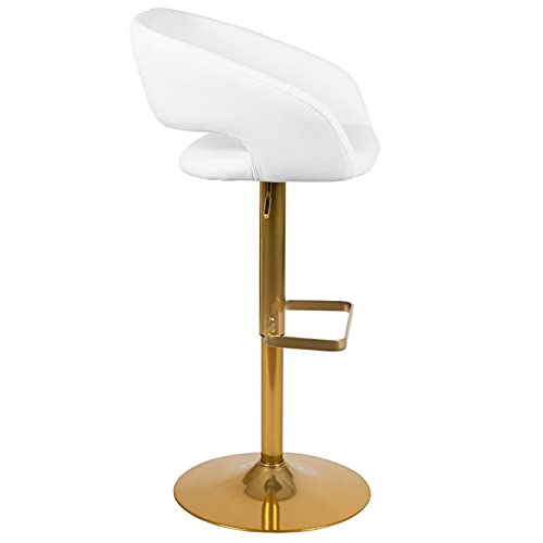 Flash Furniture Erik Comfortable & Stylish Contemporary Barstool With Rounded Mid-Back And Foot Rest, Adjustable Height - White Vinyl With Gold Base #TOP3
