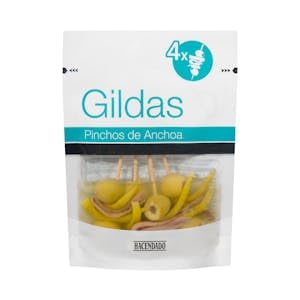 Banderillas gildas Hacendado pinchos de anchoa Banderillas Gildas Hacendado pinchos de aceituna, anchoa y guindilla en aceite de girasol Paquete 125 g (75 g escurrido) Pack 2