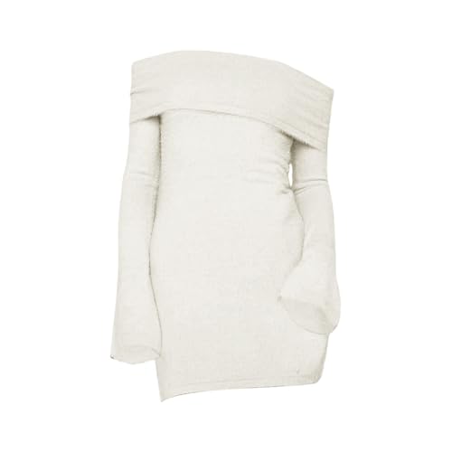 Damen Herbst Lässige Pulloverkleider Elegante Off-Shoulder Figurbetonte Rippstrick Mini Kleid Fashion Leichtes Cocktailkleid (Beige, S)
