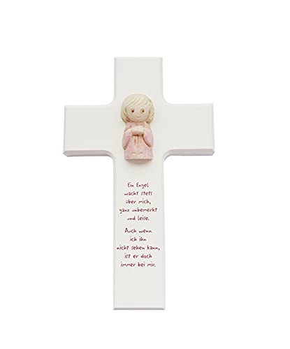 Cruz infantil con ángel de arcilla rosa como recuerdo dulce de la infancia