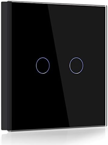 BSEED Touch Light Switch 2 Gang 1 Way, Tempered Glass Panel Light Switches with LED Indicator,Black Touch Sensitive Light Switch-No Neutral Wire 500W