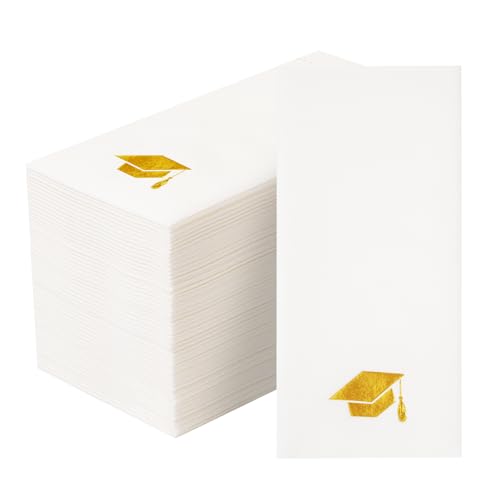 50 Pack Linen Feel Graduation Napkins with Gold Foil Graduation Cap - Disposable Dinner Napkins Cloth-Like Paper Napkins for 2026 High School College Graduation Party Decorations