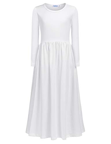 Arshiner Mädchen Kleid Langarm Maxikleid Kinder Einfarbig Maxilangkleid Herbst Winter Swing Skaterkleid Basic Freizeitkleid mit Taschen Partykleid Gr. 98-152