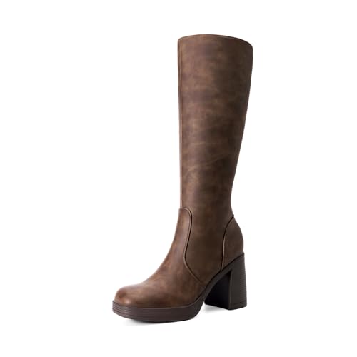 DREAM PAIRS Knee High Boots for Women Platform Square Toe Chunky Block Heeled Stylish Comfortable Tall Boots with Side Zipper,Size 8,Brown,DWUMKB2541