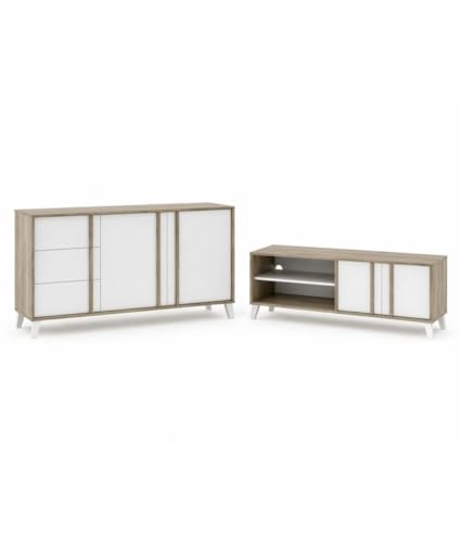 PEGANE Ensemble de Salon Buffet + Meuble TV Style Scandinave – Coloris Chêne Clair et Blanc