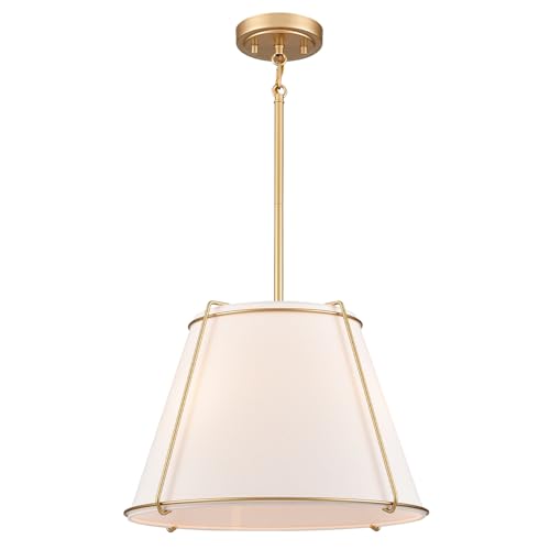 AXILAND Cone Pendant Light Fixture with Metal Lantern Fabric Drum Shade 16" White and Gold Chandeliers for Kitchen Dining Room Living Room Bedroom