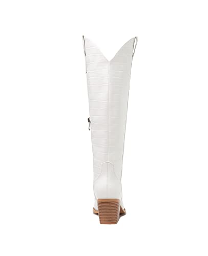 Pasuot Knee High Boots For Women - White Wide Calf Crocodile Print Cowboy Boots With Side Zipper, Pointed Toe Chunky Low Heel Retro Fashion Tall Cowgirl Boot Pull On For Ladies Fall Winter Us 8 #TOP1