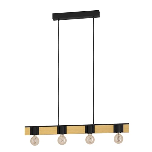 Eglo Bailrigg FSC100HB - Lampada a sospensione a 4 luci, da appendere sopra il tavolo da pranzo, con attacco E27, L 90 cm, in metallo nero e legno naturale