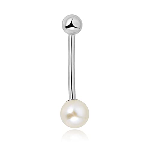 Image of AVORA 10K Yellow /White Gold Freshwater Pearl Belly Button Ring Body Jewelry (14 Gauge)