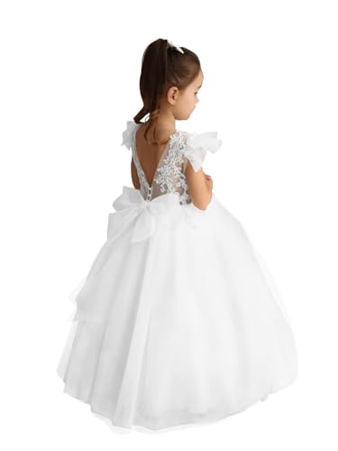 Lace Applique Flower Girl Dress for Wedding Sparkle Tulle Bow Knot Ball Gowns Long Pageant Ceremony Long Dress TJ21