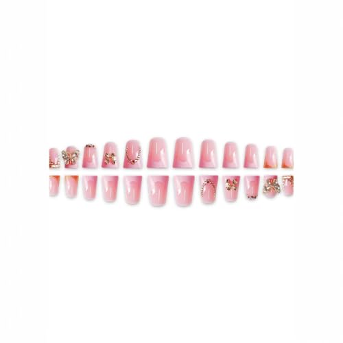Image of Pink French Tip Press on Nails Short Duck Fake Nails with Design 5D Butterfly Glue on Nails Rhinestone Bow False Nail Artificial Acrylic Full Cover Glossy Stick on Nails for Women Manicure 24Pcs