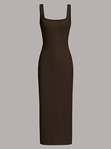 Verdusa Vestido feminino casual, sem mangas, gola quadrada, cintura alta, malha canelada, Marrom cho