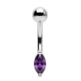 AZARIO LONDON Piercing para ombligo de plata de ley con diseño de piedra marquesa de 6 mm x 4 mm con circonita cúbica y acero inoxidable, 14 Gauge - 10mm Length, Plata de ley Acero quirúrgico 316L