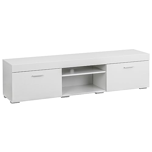 Baroni Home Meuble TV avec 2 Portes 2 Étagères, Trou de Câble en MDF, Meuble TV Console pour Chambre, Salon, Cuisine, Blanc, 160x35x40 cm
