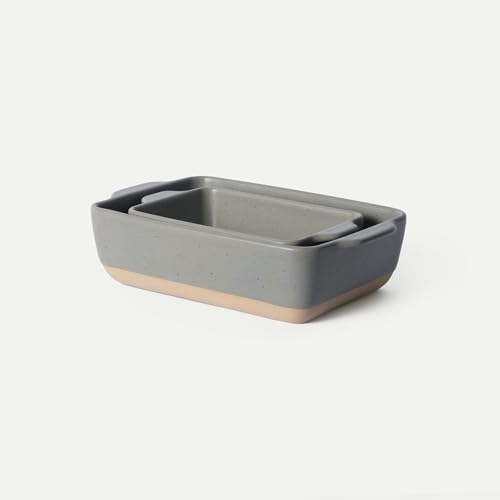 Image of Mora Ceramic Set of 2 Baking Dishes For Casserole, Banana Bread, Brownies, Broiling, Roasting, and Baking. 7x11 in and Loaf Pans - Porcelain Serving Bakeware from Oven to Table. Freezer Safe - Peppercorn
