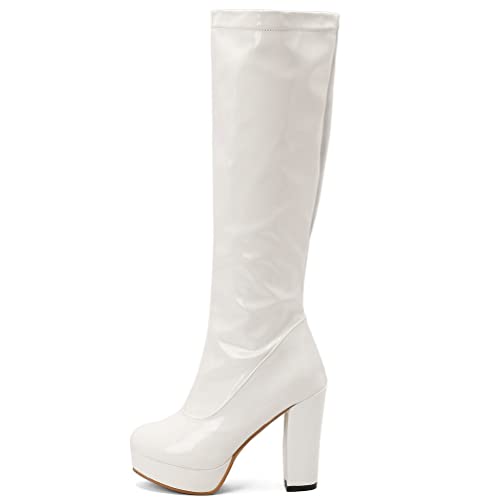 KISSASA Womens Patent Knee High Gogo Boots Chunky High Heel Platform Zip Up Boots3