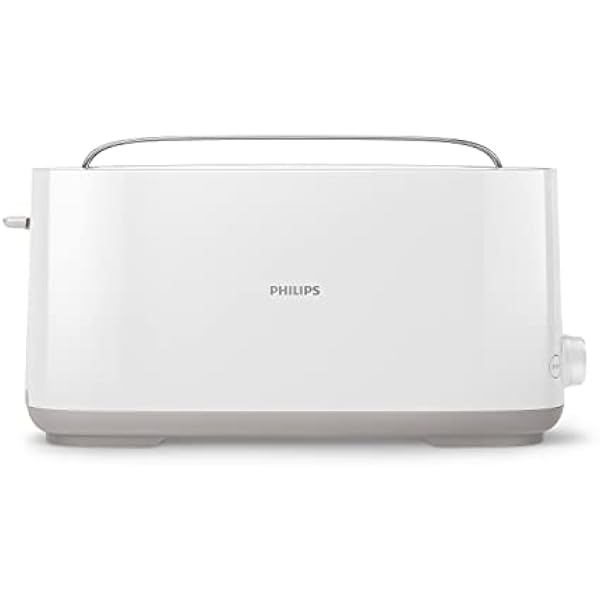 Philips Toster - Długi otwór, 8 Poziomów opiekania, Ruszt do bułek, Funkcja rozmrażania, Obudowa Cool Touch, Wysoki podnośnik, Automatyczne wyłączanie, Biały (HD2590/00)