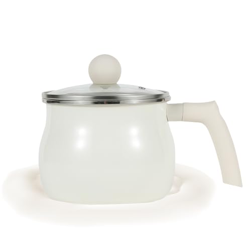 Enamel Milk Pan with Lid, 2 Quarts Small Sauce Pan Butter Warmer with Effortless Handle, Healthy Uncoated Soup Pot Cookware Cooking Pot for Stove Tops (White)
