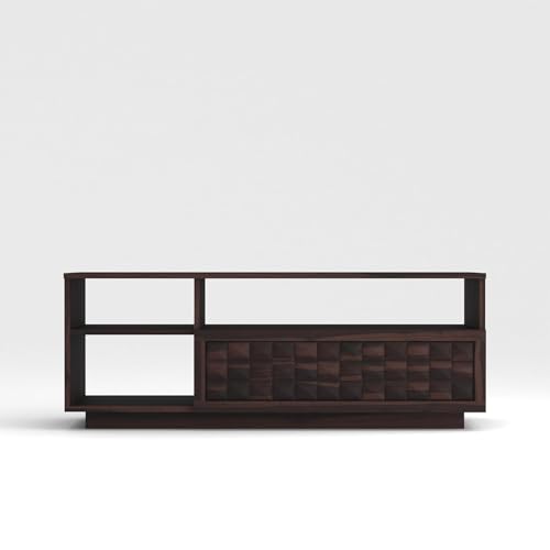 Image of Solid Sheesham Wood TV Unit for Living Room 55 Inch Furniture - Wooden TV Unit with Storage Cabinet with Drawer, 3 Shelves Wooden TV Cabinet - Accommodates up to 55-Inch TV (Asher, Walnut)