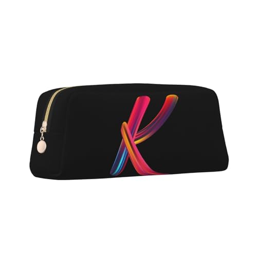 Image of Cute Initial Pencil Case for Kids Simple Leather Pencil Pouch for Boys Girls Letter Design Pencil Box Pen Bag Pencil Pouch Office Stationery Organizer, Rainbow Letter K