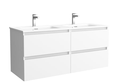 Salgar Mueble de baño Bequia 120 cm con Lavabo 100% montado de fábrica | Acabado Blanco Mate suspendido 4 cajones Cierre amortiguado Apertura con uñero | Lavabo 2 pozas Porcelana Blanca | Marca