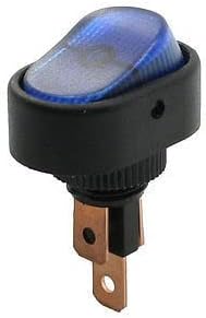 SPST Panel Mount Rocker Switch 3 Pin 12VDC 30A | SPST Rocker Switch, 3-Pin, Blue LED, 12V 30A, Panel Mount, 12mm Hole.