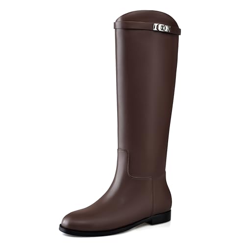 MIRAAZZURRA Brown Riding Boots for Women Knee High Flat Boots Round Toe Leather Boots with Buckle Back Zipper Womens Tall Boots Size 6.5 by MIRAAZZURRA - Used condition - CA$22.91